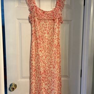 LOFT Cream Maxi Dress with Pink Floral Print and Ruffle Detail